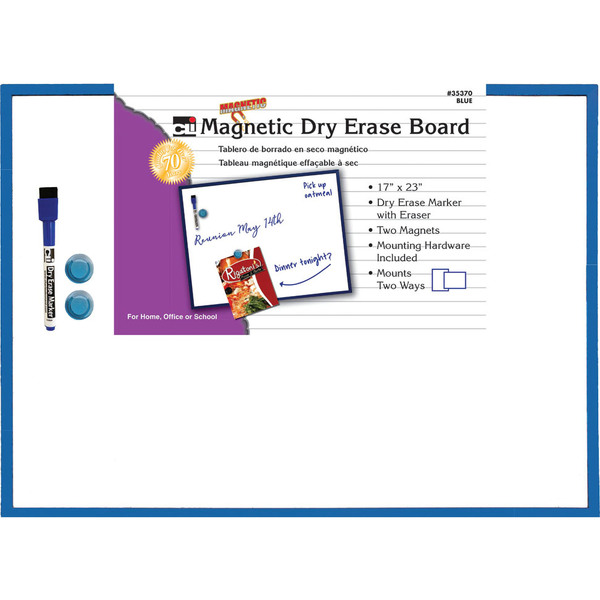 Charles Leonard Magnetic Dry Erase Board, 17in x 23in, w/Marker + Magnets, Blue Frame 35370